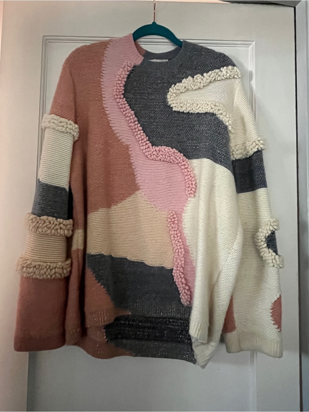 Peter Pilotto Mixed-Texture Colorblock Crewneck Sweater in Pink, Cream & Gray